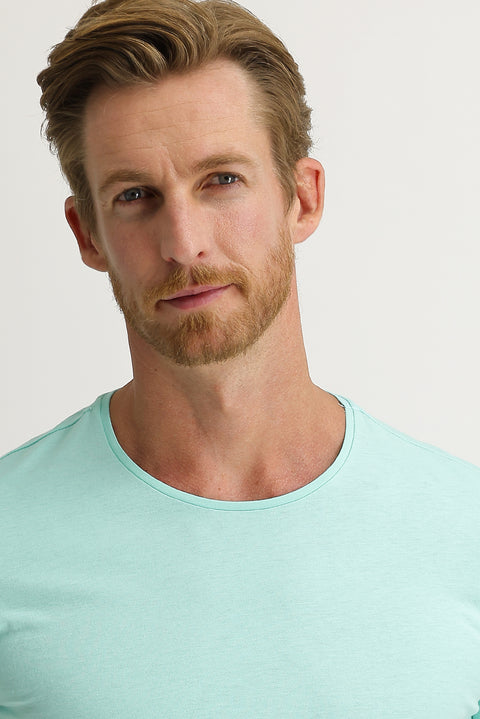 Aqua Blue Crew Neck Slim Fit Narrow Cut Cotton T-Shirt