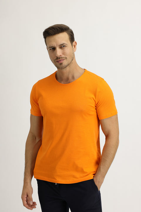 Light Orange Crew Neck Slim Fit Narrow Cut Cotton T-Shirt