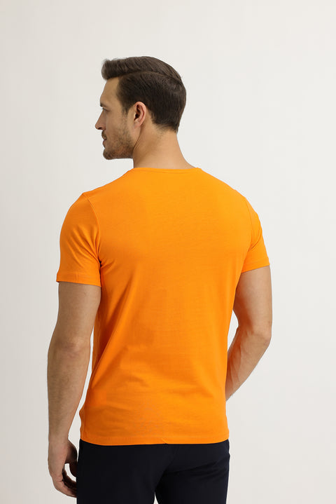 Light Orange Crew Neck Slim Fit Narrow Cut Cotton T-Shirt