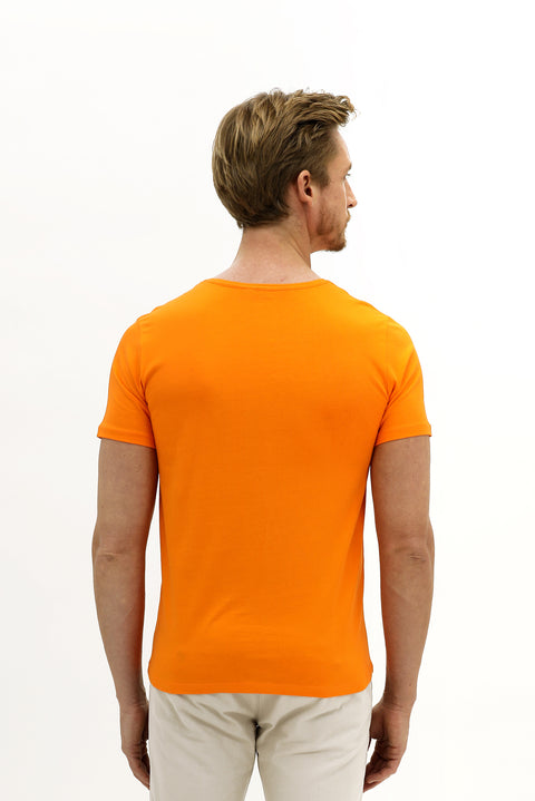 Light Orange Crew Neck Slim Fit Narrow Cut Cotton T-Shirt