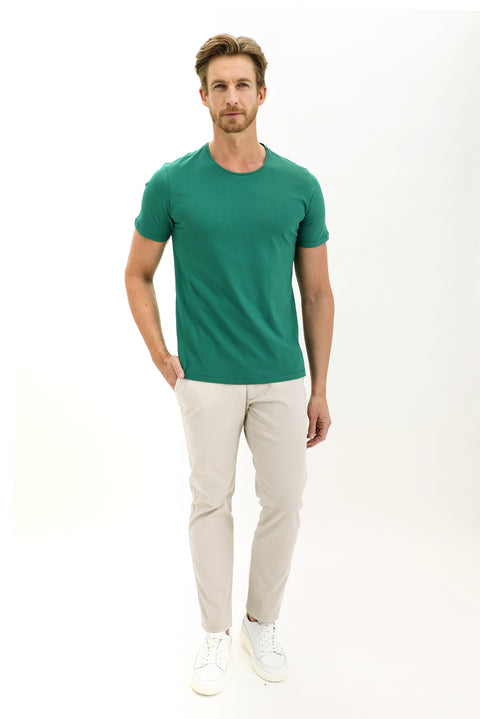 Pistachio Green Crew Neck Slim Fit Narrow Cut Cotton T-Shirt
