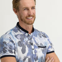 Blue Button-Down Collar Slim Fit Printed Cotton T-Shirt
