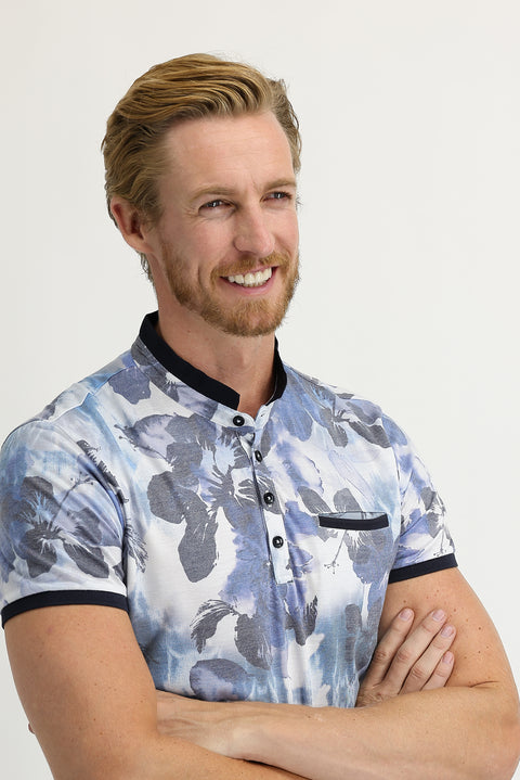 Blue Button-Down Collar Slim Fit Printed Cotton T-Shirt