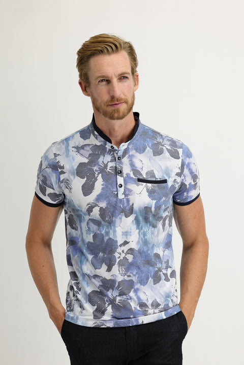 Blue Button-Down Collar Slim Fit Printed Cotton T-Shirt