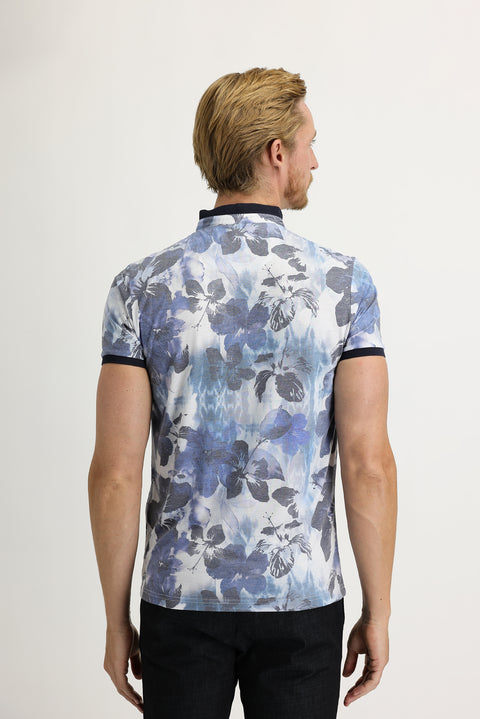 Blue Button-Down Collar Slim Fit Printed Cotton T-Shirt