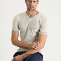 Ecru Crew Neck Buttoned Slim Fit T-Shirt
