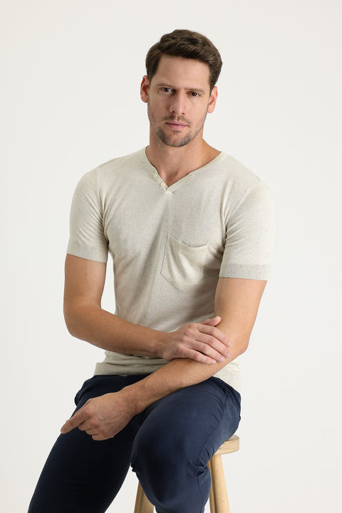 Ecru Crew Neck Buttoned Slim Fit T-Shirt