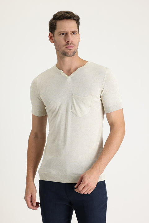 Ecru Crew Neck Buttoned Slim Fit T-Shirt