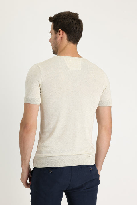 Ecru Crew Neck Buttoned Slim Fit T-Shirt
