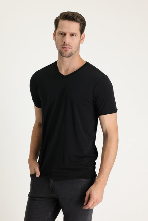 Black V-Neck Slim Fit Embroidered T-Shirt