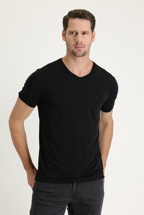 Black V-Neck Slim Fit Embroidered T-Shirt
