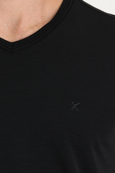 Black V-Neck Slim Fit Embroidered T-Shirt