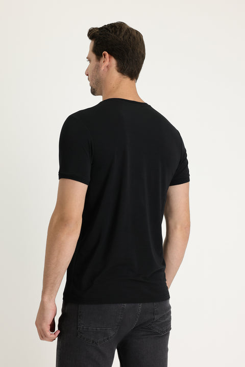 Black V-Neck Slim Fit Embroidered T-Shirt