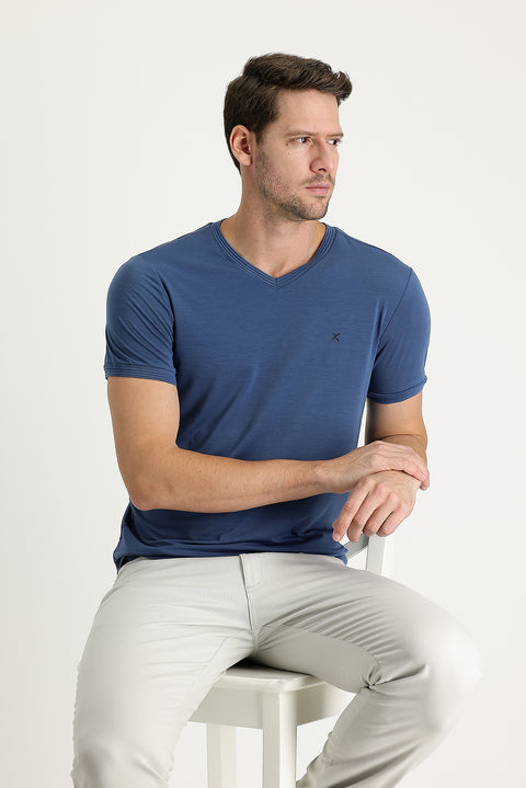 Dark Indigo V-Neck Slim Fit Embroidered T-Shirt