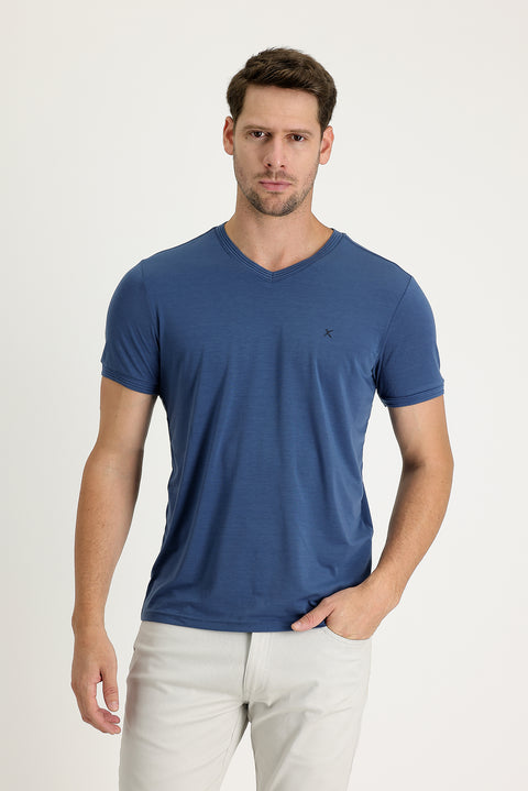 Dark Indigo V-Neck Slim Fit Embroidered T-Shirt