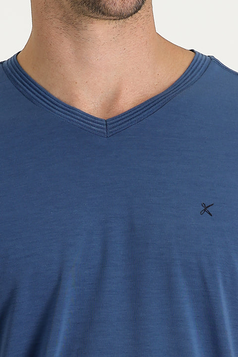 Dark Indigo V-Neck Slim Fit Embroidered T-Shirt