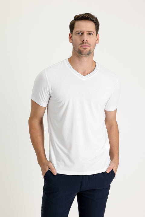 White V-Neck Slim Fit Embroidered T-Shirt