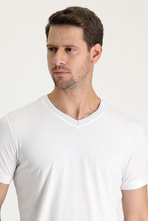 White V-Neck Slim Fit Embroidered T-Shirt