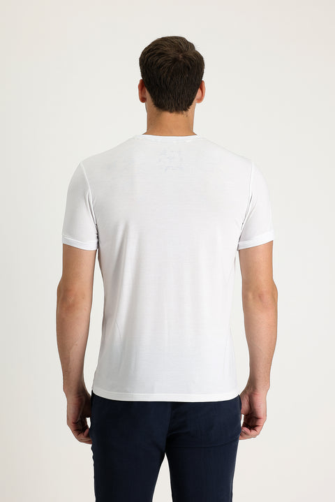 White V-Neck Slim Fit Embroidered T-Shirt