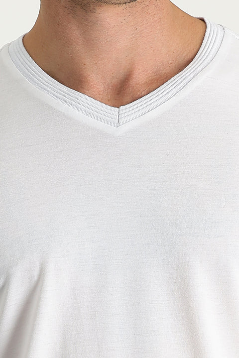 White V-Neck Slim Fit Embroidered T-Shirt