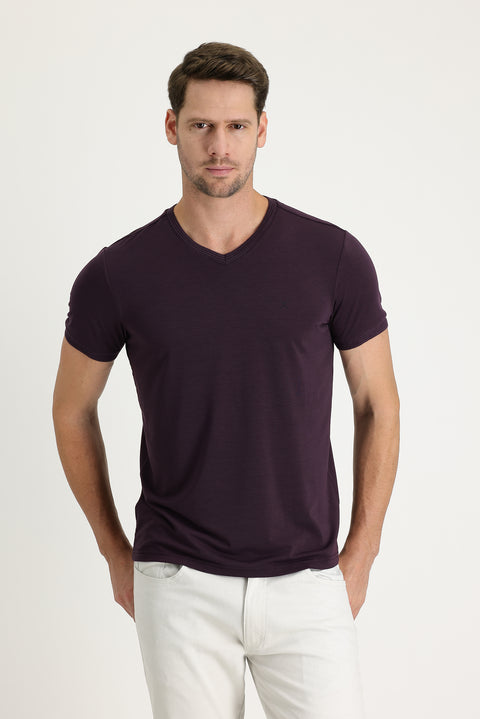 Plum-colored V-neck Slim Fit Embroidered T-shirt