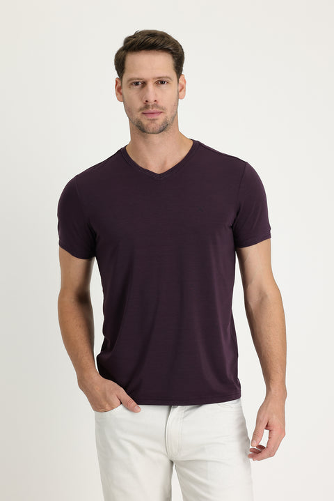 Plum-colored V-neck Slim Fit Embroidered T-shirt