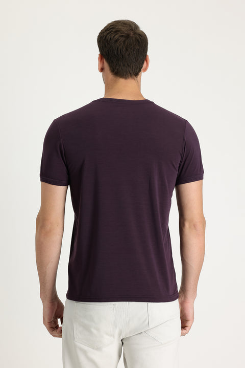 Plum-colored V-neck Slim Fit Embroidered T-shirt