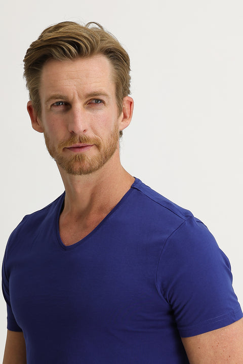 Navy Blue V-Neck Slim Fit Narrow Cut Cotton T-Shirt