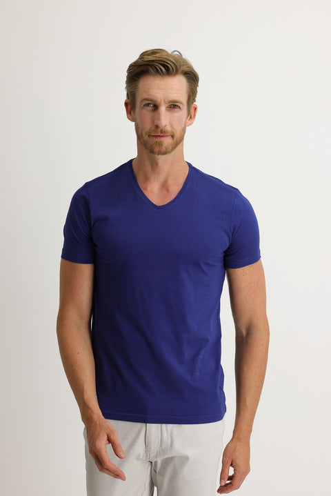 Navy Blue V-Neck Slim Fit Narrow Cut Cotton T-Shirt