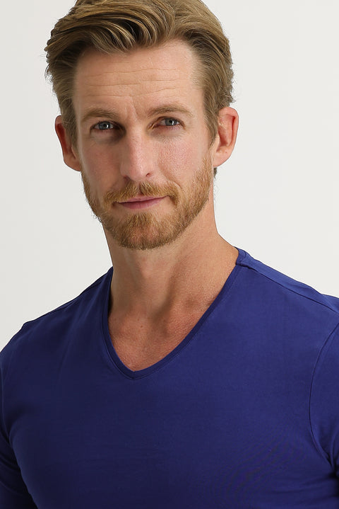 Navy Blue V-Neck Slim Fit Narrow Cut Cotton T-Shirt