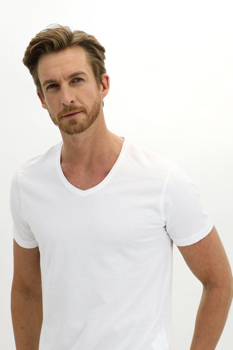White V-Neck Slim Fit Cotton T-Shirt