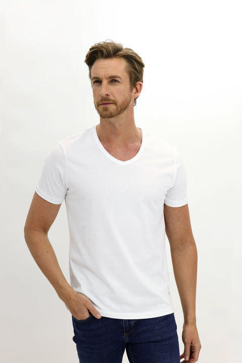 White V-Neck Slim Fit Cotton T-Shirt
