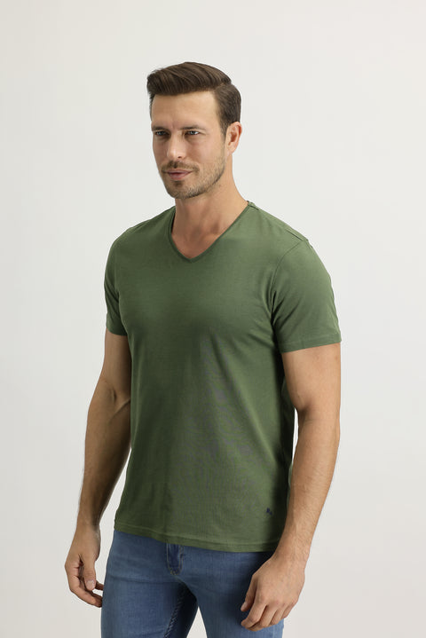 Asker Haki V Yaka Slim Fit Dar Kesim Pamuk Tişört