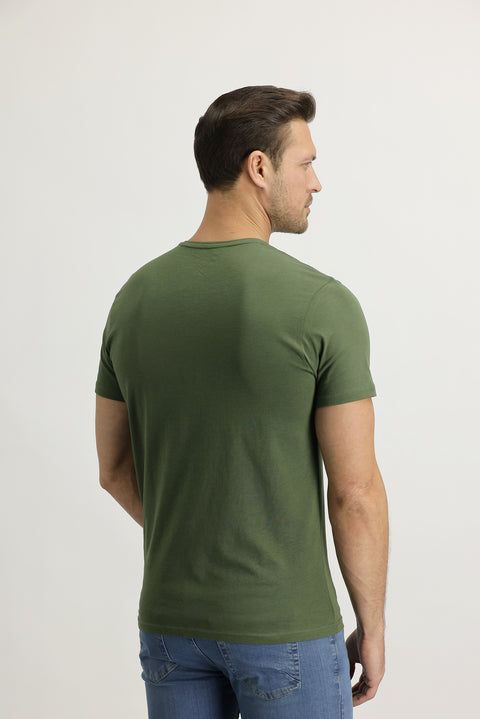 Asker Haki V Yaka Slim Fit Dar Kesim Pamuk Tişört