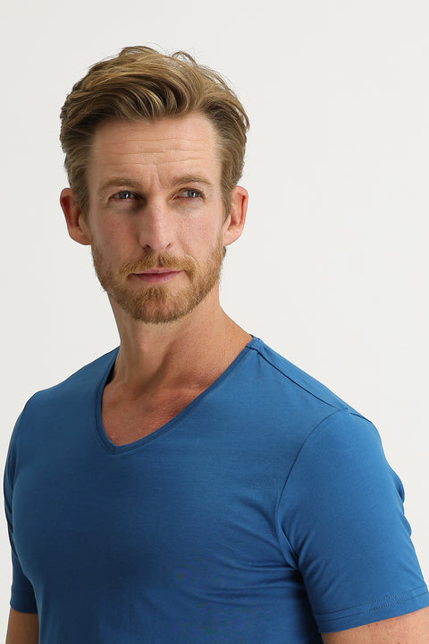 Dark Petrol V-Neck Slim Fit Narrow Cut Cotton T-Shirt