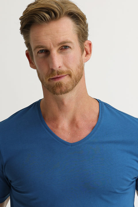 Dark Petrol V-Neck Slim Fit Narrow Cut Cotton T-Shirt