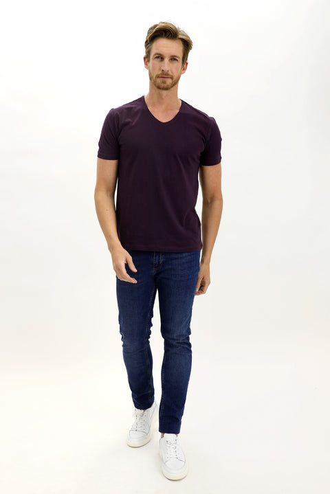 Plum V-Neck Slim Fit Narrow Cut Cotton T-Shirt