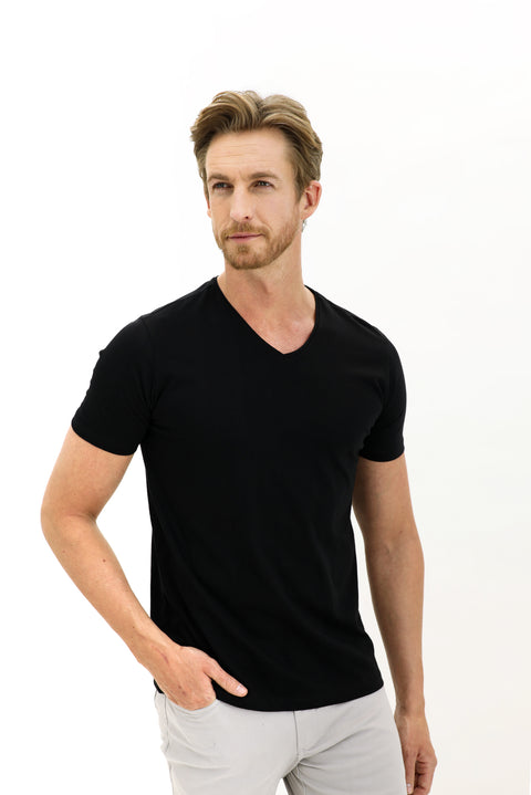 Black V-Neck Slim Fit Narrow Cut Cotton T-Shirt