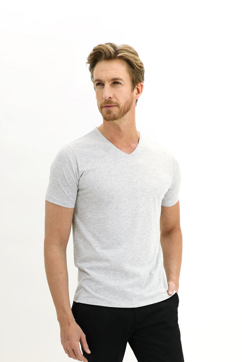 Açık Gri Melanj V Yaka Slim Fit Dar Kesim Pamuklu Tişört