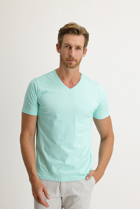 Aqua Blue V-Neck Slim Fit Narrow Cut Cotton T-Shirt