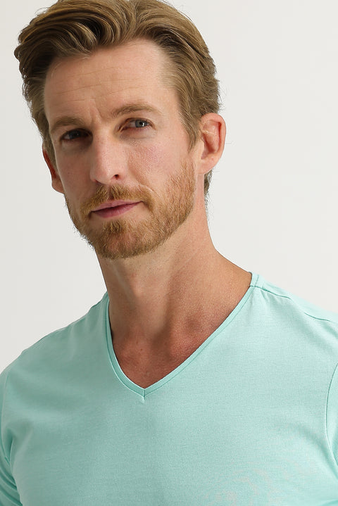 Aqua Blue V-Neck Slim Fit Narrow Cut Cotton T-Shirt