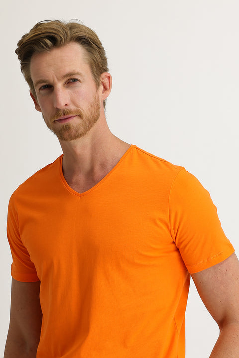 Light Orange V-Neck Slim Fit Cotton T-Shirt