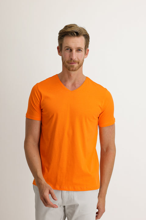 Light Orange V-Neck Slim Fit Cotton T-Shirt