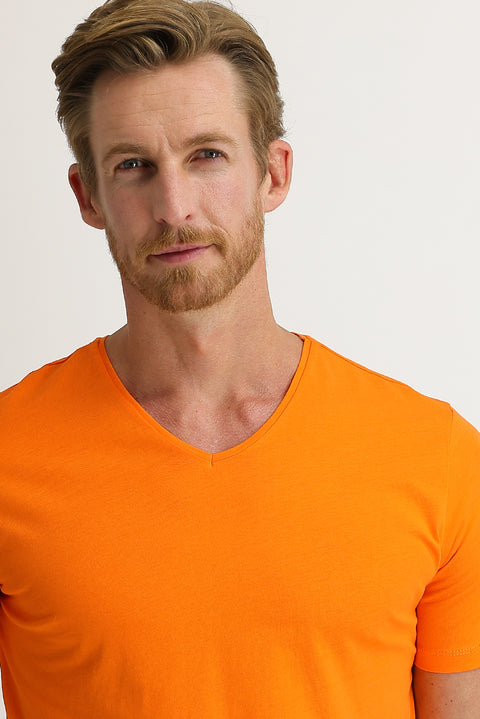 Light Orange V-Neck Slim Fit Cotton T-Shirt