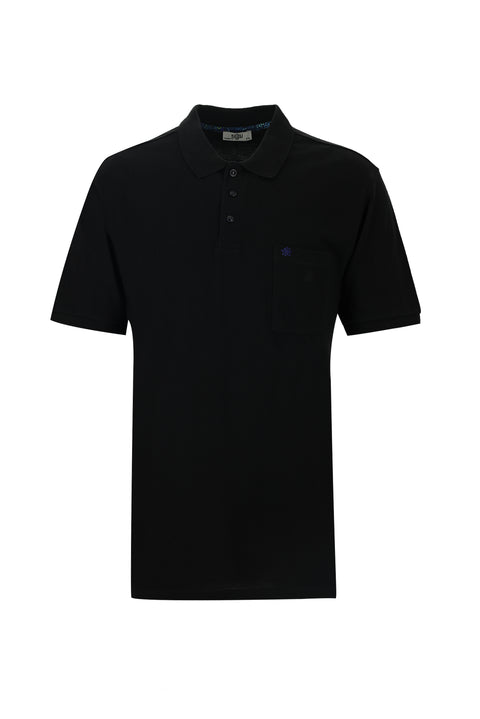 Black Pocketed Polo Collar Regular Fit Embroidered Cotton T-Shirt