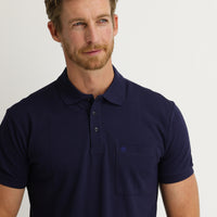 Medium Navy Pocketed Polo Collar Regular Fit Embroidered Cotton T-Shirt