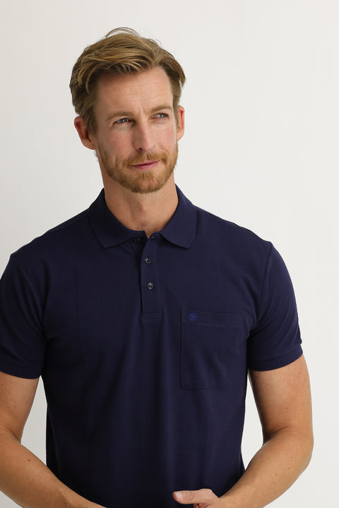 Medium Navy Pocketed Polo Collar Regular Fit Embroidered Cotton T-Shirt