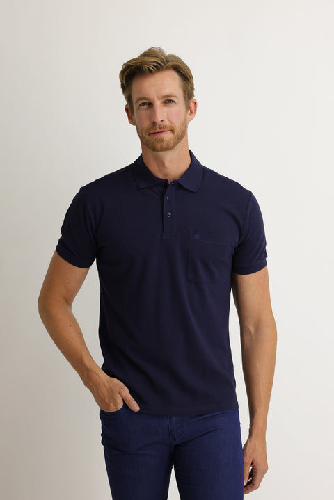 Medium Navy Pocketed Polo Collar Regular Fit Embroidered Cotton T-Shirt