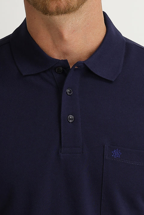 Medium Navy Pocketed Polo Collar Regular Fit Embroidered Cotton T-Shirt