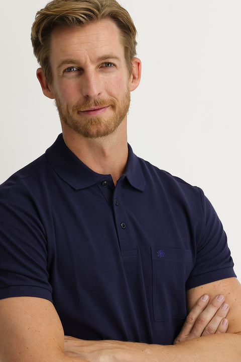 Medium Navy Pocketed Polo Collar Regular Fit Embroidered Cotton T-Shirt